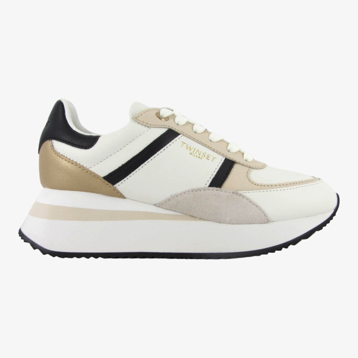 Twinset 242TCP026  Sneakers da donna bianche, nere e oro.