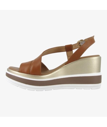 NeroGiardini E513520D - Sandali da Donna con Zeppa in Pelle Cognac