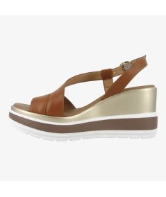 NeroGiardini E513520D - Sandali da Donna con Zeppa in Pelle Cognac