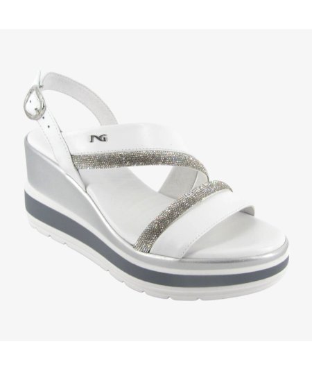 NeroGiardini E513522D - Sandalo da Donna con Zeppa in Pelle Bianca
